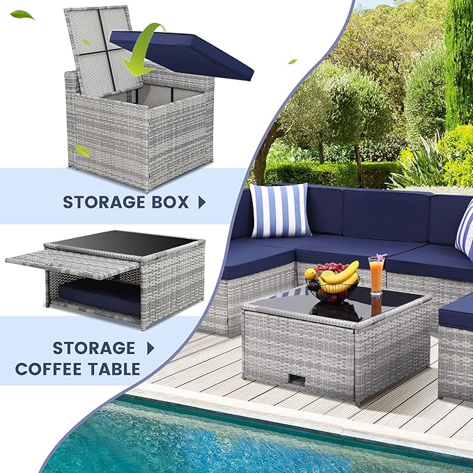 8 Pieces Outdoor Wicker Rattan Patio Furniture Sectional Set, Glass Top Table with Hidden Storage, 7 Sofa Sections, Oversized Cushions, Grey Color Rattan with Blue Cushion