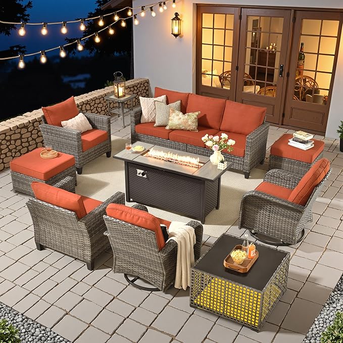 HOOOWOOO Outdoor Patio Furniture Set,10 Pieces Wicker Conversation Set,All Weather Couch Set with Fire Pit Solar Light Table Swivel Chairs Ottoman 9 Seaters for Out Door Yard(Brick Red)