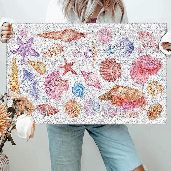 Seashell Beach Door Mat, Coastal Preppy Beach Doormat Non-Slip for Front Door Porch Indoor Outside Entrance Entryway, Nautical Shell Starfish Beachy Welcome Mat, 17x30 Inch