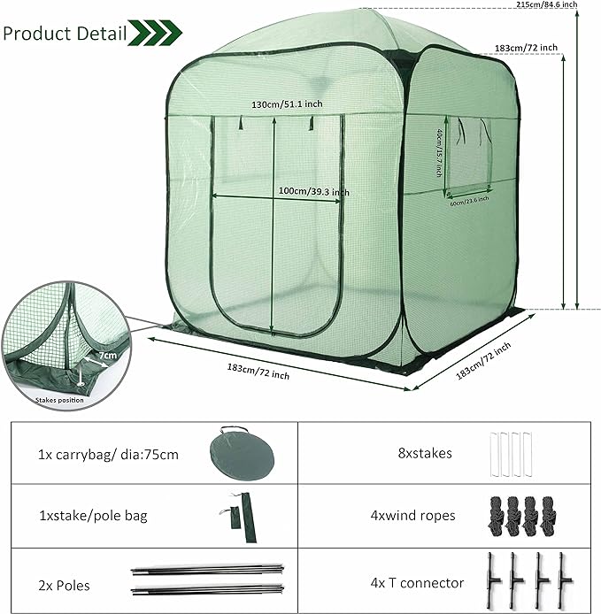 Porayhut Pop Up Greenhouse Tent,Portable X-Large Walk-in Flower House ,Indoor Outdoor Gardening Plant Sunshine Room with PE Mesh Cloth Cover for Protecting Plant from Cold Frost & Birds