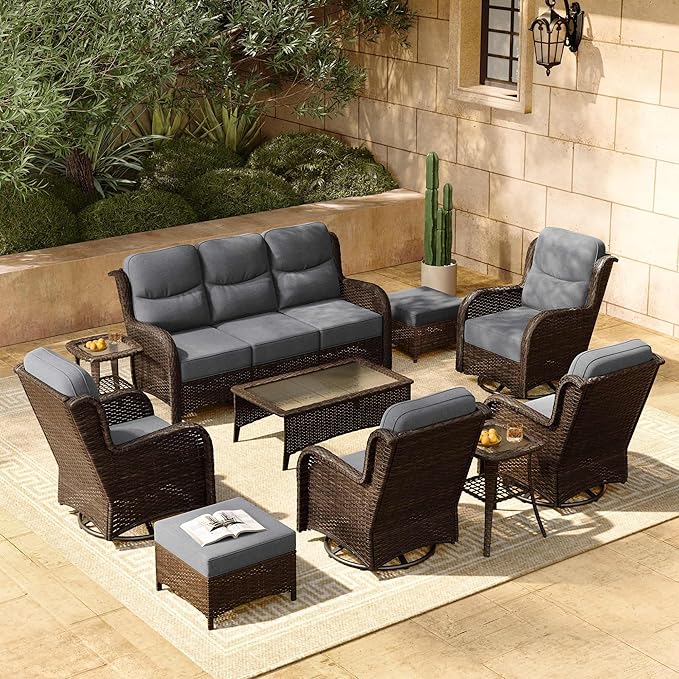 HILLGA Luxury Patio Furniture Set with 6-inch Thick Cushion, Outdoor Couch and High Back Swivel Rocker Patio Chairs, 10PCS Wicker Conversation Set for Deck Yard and Poolside, Dark Grey (V2)