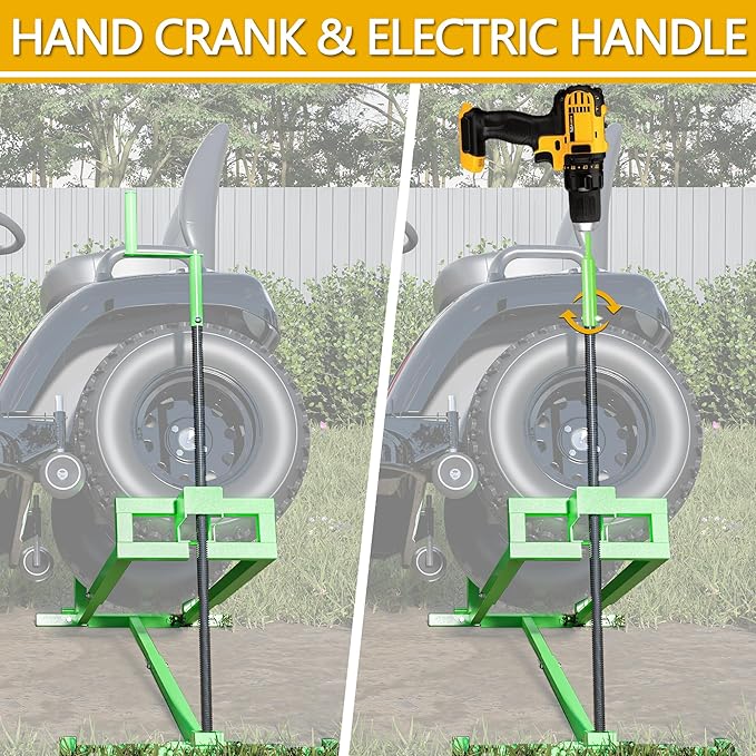 Ride-On Lawn Mower Jack Lift - Telescopic Maintenance Jack for Garden Tractors and Riding Lawn Mowers, 880 lbs Weight Capacity, Manual and Power Tool Handles Included