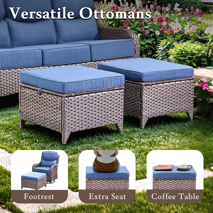 Luxury High Back Outdoor Furniture with 6-inch Extra Thick Cushions, Patio Furniture Set with Swivel Chairs, 8 PCS Wicker Conversation Set for Yard, Deck, Poolside, Brown/Blue