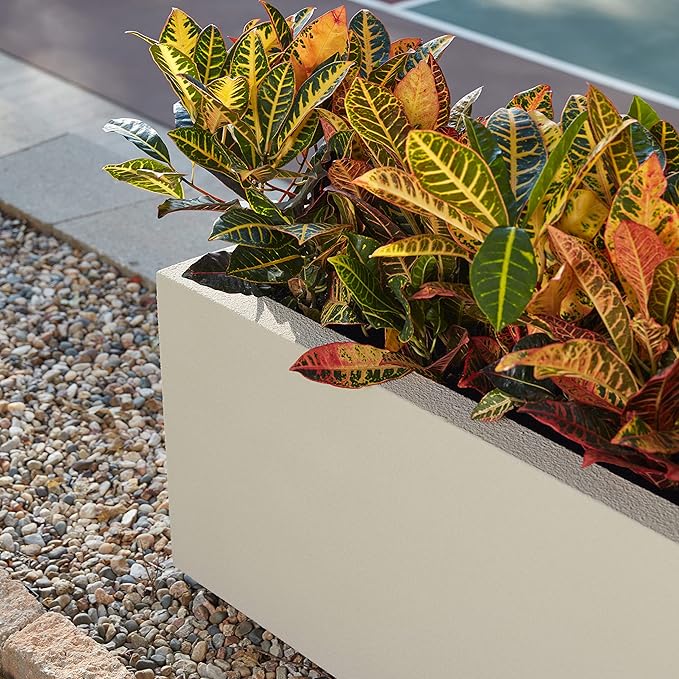 PolyStone Milan Tall Modern Outdoor/Indoor Rectangular Trough Planter, 46" L X 17" W X 19" H, Lightweight, Heavy Duty, Weather Resistant, Polymer Finish, Commercial and Residential (Greige)