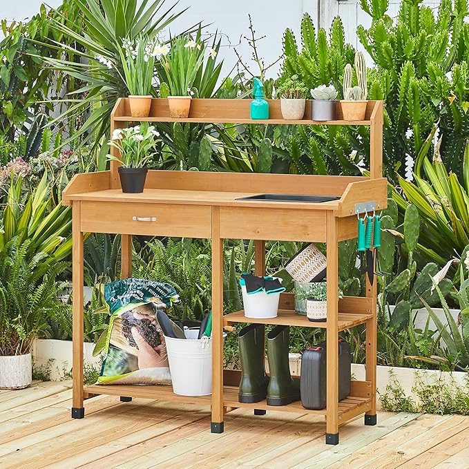 Yaheetech Potting Bench Outdoor Garden Work Bench Station Planting Solid Wood Construction for Horticulture w/Sink Drawer Rack Shelves Natural Wood