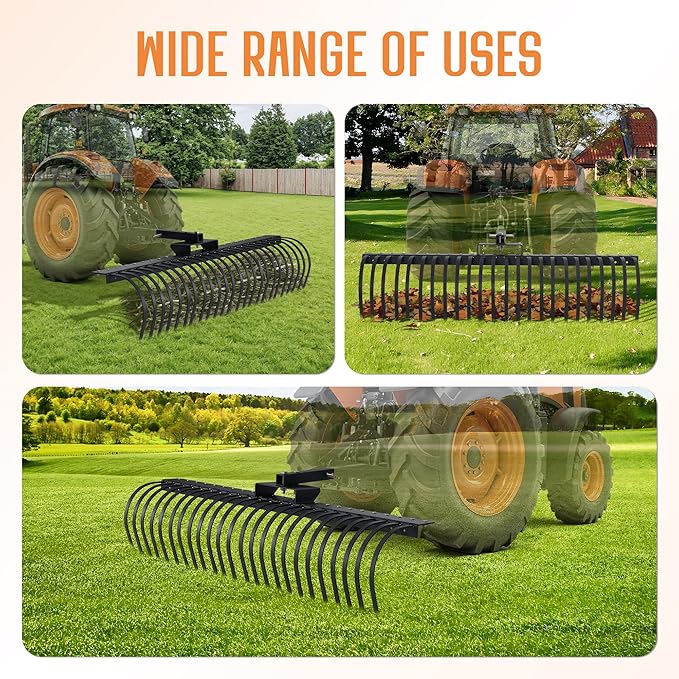 Specraft 60" Behind Landscape Rake for Tractor, Tow Dethatcher Rake with 24 Steel Coil Tines and 2" Receiver, Fit for 3-Point Suspension Systems