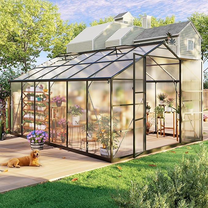10x12FT Outdoor Greenhouse , Polycarbonate Green House with UV Protection, Heavy Duty Greenhouse with Windproof Aluminum Frame, Roof Vent & Quick-Install Design for Backyard or Garden Use