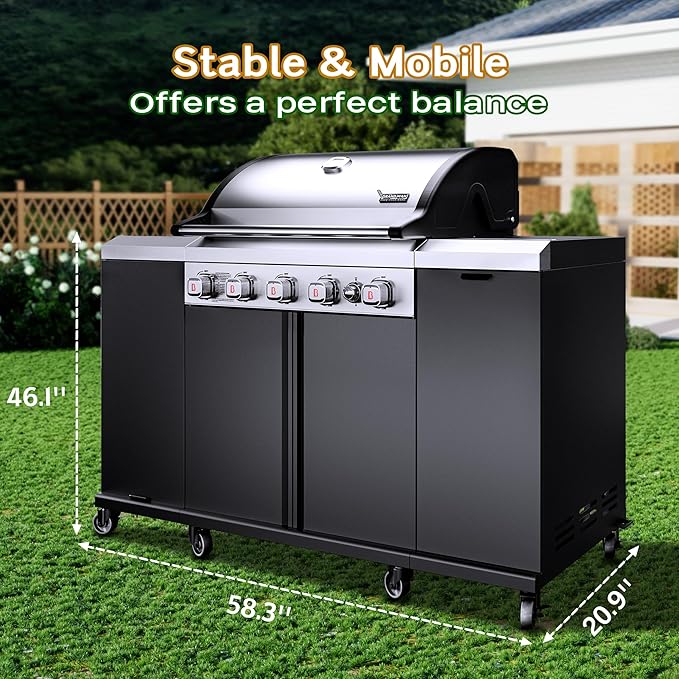Brand-Man Propane Gas Grill Island Outdoor Kitchen & Storage Cabinets, 52000 BTUs Stainless Steel Burner Patio Cooking BBQ Grill with Side Burner - Natural Gas Convertible, Black (5 Burner)