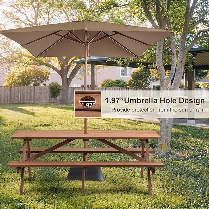 Outdoor Wooden Picnic Table with Benches and Umbrella Hole, Rustic Style Lifetime Picnic Table Bench Set for 6 or 8 Person for Backyard, Porch, Patio, and Deck, Brown