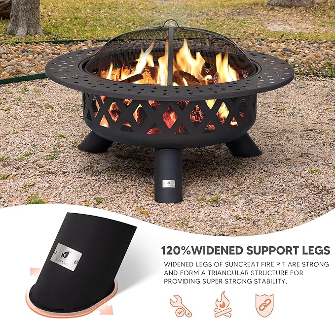 SUNCREAT 42" Large Outside Fire Pit, Round Fire Pit Wood Burning with Widened Tabletop, Spark Screen, Fire Poker, Phombus Pattern