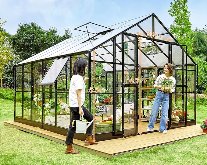 AMERLIFE 12x13.5x9 FT Hybrid Polycarbonate Greenhouse with Quick Connector Fast Assembly Clear Panels, Walk-in Large Aluminum Greenhouses for Outdoors, Swing 2 Doors 4 Vents, Black