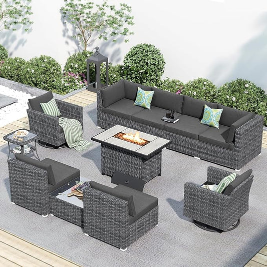 HOOOWOOO 11 Piece Patio Sectional Furniture Set with Fire Pit Table,Modern Wicker Outdoor Conversation Sofa Sets,Weather Resistant Modular L Shaped Outside Couch Swivel Chair Set(Charcoal Grey)