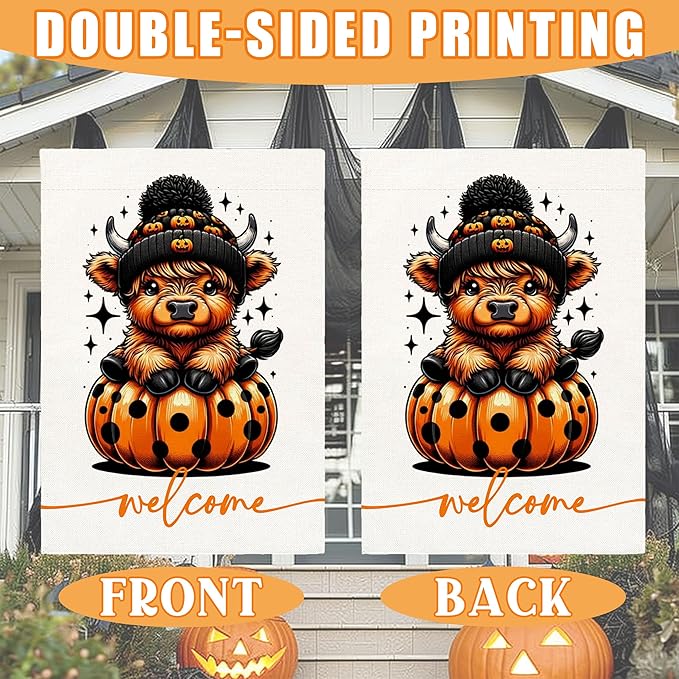Welcome Halloween Garden Flag for Outside, 12x18 Inch Double Sided Halloween Pumpkin Highland Cow Yard Flag, Farmhouse Small Yard Flags for Outdoor Decorations, Holiday Decor Gifts-A02