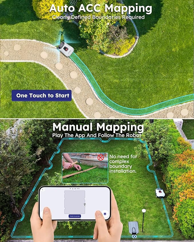 Robot Lawn Mower NO Wire - 0.9 Acre, Full Band RTK+4-Eye Vision Robotic Lawnmower, Automatic Mapping, 30 Multi-Zone Management, Accurate Obstacle Avoidance, Intelligent Anti-Theft, APP Control
