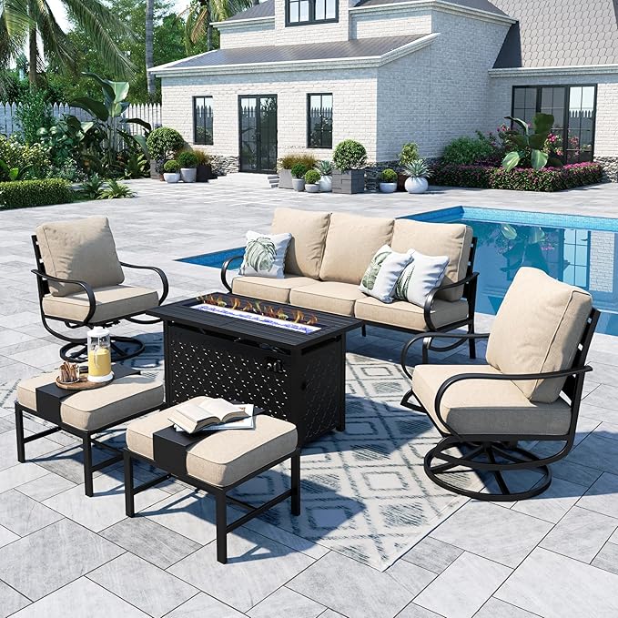 Sophia & William Patio Furniture Sets for 7 with 45" Gas Fire Pit Table Outdoor Conversation Sets 6 Pcs, 2 x Swivel Cushioned Sofa Chairs, 1x3-Seat Sofa, 2xOttomans for Backyard Poolside Beige