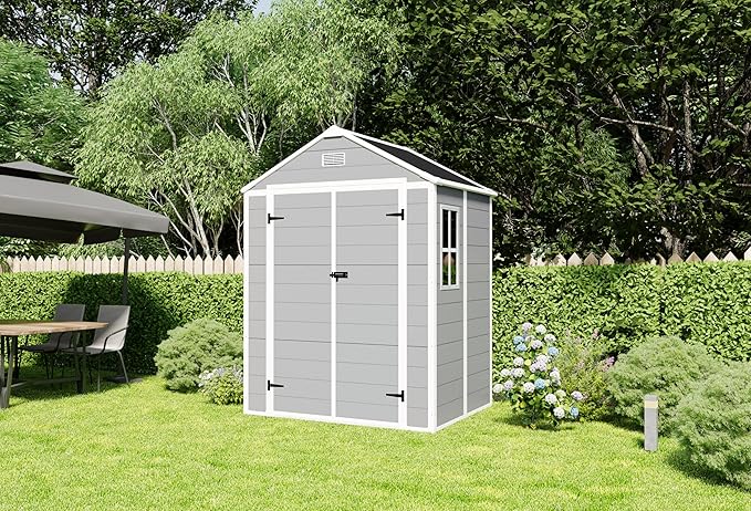 6x5 FT Resin Storage Shed,Garden House with Floor & Lockable Door,Waterproof Plastic Tool Sheds W/Slanting Roof Visual Window & Air Vents for Bicycles,Lawnmowers,Lawn,All Weather Use,Gray