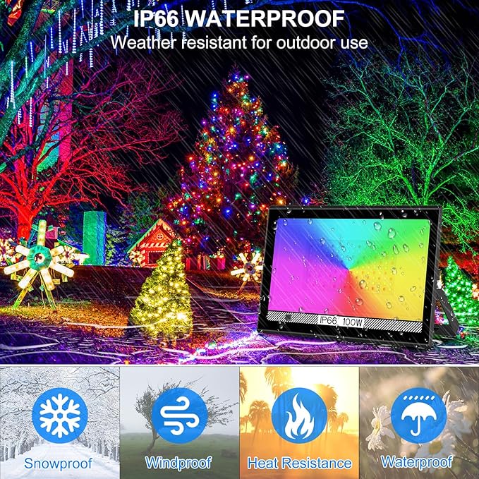 T-SUN RGB Led Flood Light 100W,Outdoor Flood Light 1000W Equivalent 10000Lm Christmas Light Color Changing Led Stage Lights IP66 Waterproof Landscape Lights with Remote Outdoor for Garden Yard