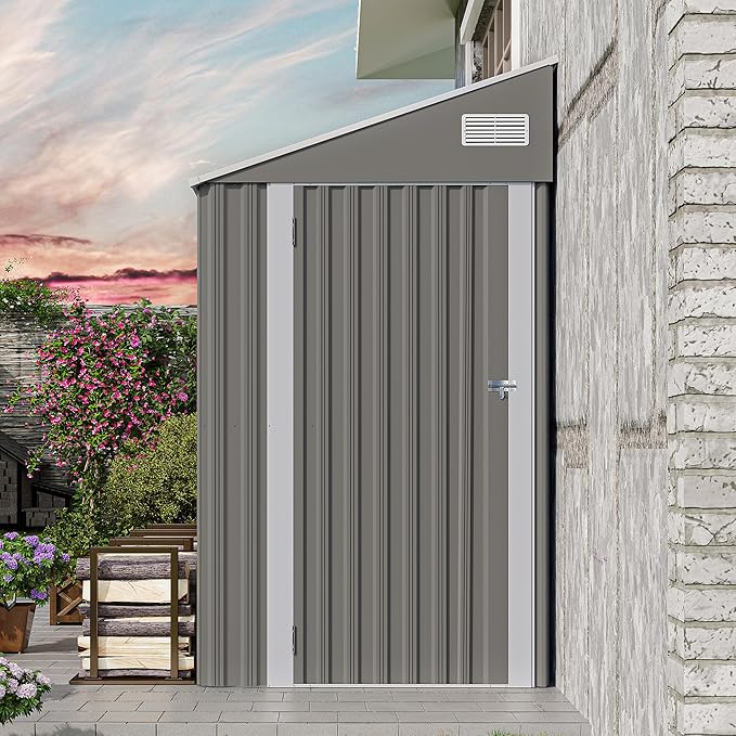 4x8 ft Lean to Shed, Outdoor Storage Shed with Lockable Door and Vents, Metal Storage Shed with 6 Vents, Outside Garden Tool Shed for Backyard, Patio, Wall Side Design (Dark Grey)