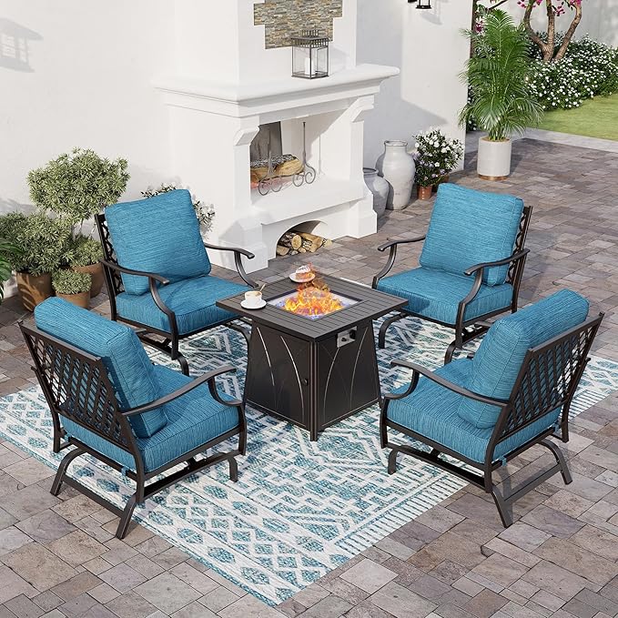 5 Piece Metal Outdoor Patio Furniture Set with Fire Pit Table, Patio Conversation Sets 4 Rocking Chairs with 5.75" Thick Cushion and 5000 BTU Fire Pit Table, Backyard Furniture, Blue-2