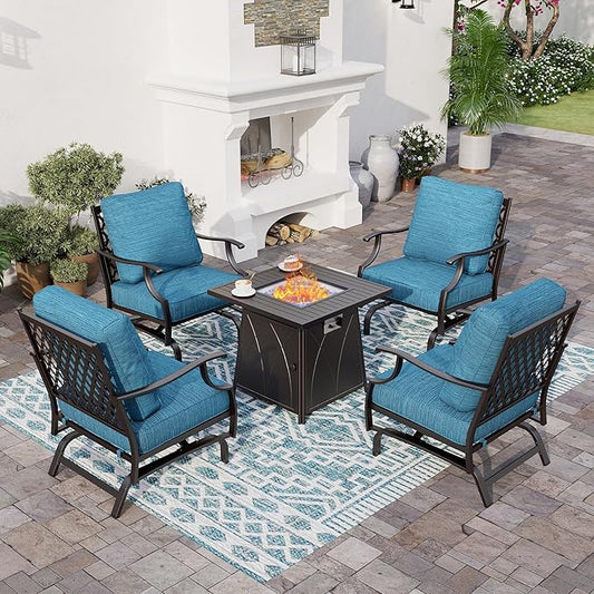 5 Piece Metal Outdoor Patio Furniture Set with Fire Pit Table, Patio Conversation Sets 4 Rocking Chairs with 5.75" Thick Cushion and 5000 BTU Fire Pit Table, Backyard Furniture, Blue-2