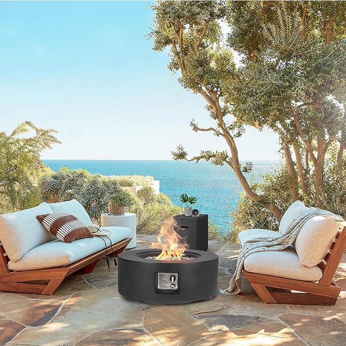 ECOTOUGE 2-Piece Gas Fire Pit, Outdoor Propane Firepit Table Set w/Tank Cover, 30''Auto-Ignition Round Steel Fire Table, 50,000 BTU Concrete fire Pit w/Weather-Resistant Pit Cover, Lava Rocks, Black