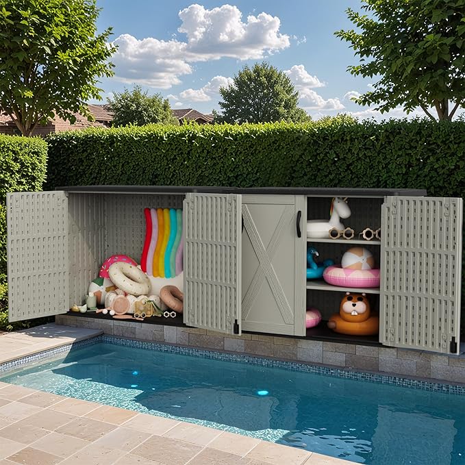 Greesum Outdoor Storage Cabinet, 25 Cu.Ft Deck Box Without Shelves, Waterproof Plastic Storage Bin for Patio Cushions, Gardening Tools, Lockable and Sidehandles, UV Resistant, Beige