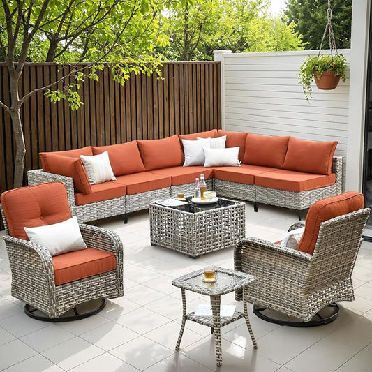 Outdoor Sectional Patio Furniture Set with Swivel Rocking Chairs,10 Pieces Wicker Conversation Sets L Shaped Couch Out Door Sofa Set Outside Furniture for Garden Deck Yard Porch,Orange