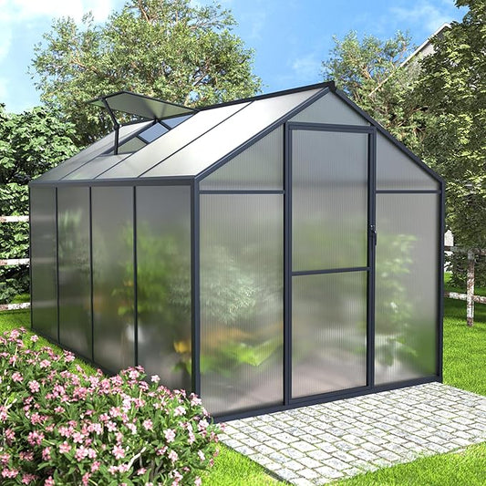 VEIKOU 6' x 8' Polycarbonate Greenhouse, Upgraded Green House for Outdoor with Sturdy Aluminum Frame Greenhouse with Vent & Lockable Door, Gray