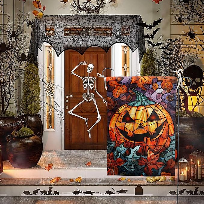 Scary Pumpkin Garden Flag Spooky Halloween Yard Flags for Outside 12x18 Double Sided Small Fall Outdoor Flag Stained Glass Autumn Flags for Porch Lawn Farmhouse Thanksgiving Decor