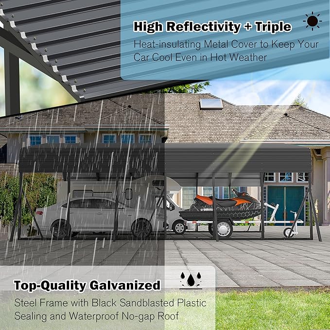 Carport Canopy 20’X30’ Heavy Duty Car Port Galvanized Steel Roof, Reinforced Stable Triangle Frame for Snowy Windy Metal Carports Enhanced Base Car Tent for Car,RV,Pickup,Boat,Truck,Tractor