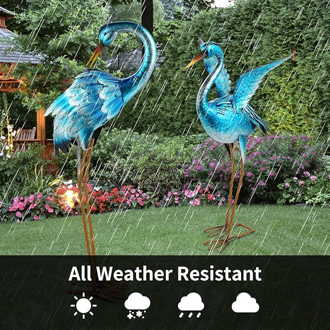 Garden Crane Statues for Outdoor Blue Heron Metal Birds Yard Art Ornaments for Backyard Pond Patio Porch Outside Decorations