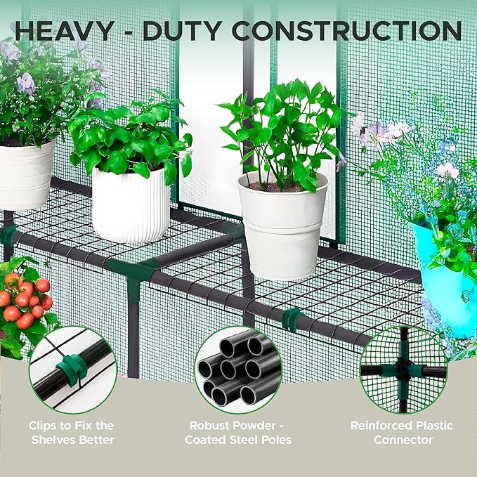 Elly Walk-in Outdoor Greenhouse with Durable PE Cover 56 x 56 x 76 Portable Green House with 2 Mesh Side Windows, Shelf Clips, 3 Tier 8 Shelves Heavy Duty, Plant House with Roll-up Zipper Door