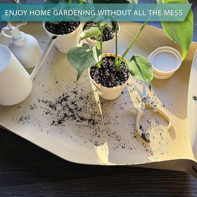 Vegan Leather Plant Repotting Mat Transplanting Mat for Indoor Gardening Waterproof Tray Mess Control Easy Clean Easy Storage 30” x 20” (Fawn Beige)