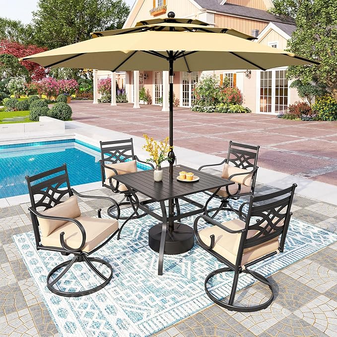 PHI VILLA Outdoor Patio Dining Set for 4 with 10ft 3-Layer Auto-tilt Round Umbrella(Beige),Includes 4 Outdoor Swivel Chairs with Cushions and a Metal Square Table, Perfect for Garden, Lawn, or Deck