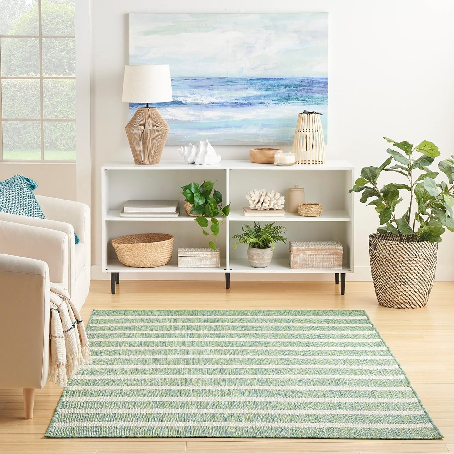 Nourison Home Positano Indoor/Outdoor Blue Green Ivory 5' x 7' Area Rug, Easy Cleaning, Non Shedding, Bed Room, Living Room, Dining Room, Deck, Backyard, Patio (5x7)
