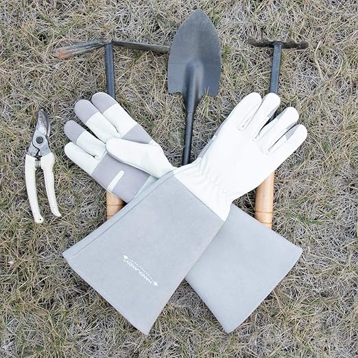 HLDD HANDLANDY Gardening Gloves for Women & Men, Leather Long Sleeve Rose Pruning Glove, Thorn Proof Garden Work Gauntlet Animal Handling Gloves (Large, Gray)