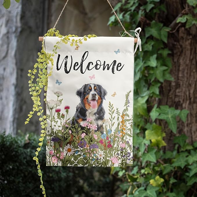 Spring Summer Garden Flag Floral Bernese Mountain Yard Flag Flower Dog Garden Flags for Outside Small Outdoor Welcome Flags 12x18 Double Sided