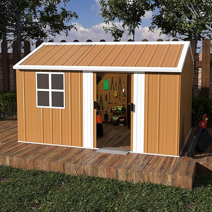 12x8 FT Outdoor Steel Storage Shed with Clear Windows, Sliding Lockable Door & Ventilation, Brown and White Weather-Resistant Metal Tool Shed for Garden, Backyard, Lawn, and Utility Storage