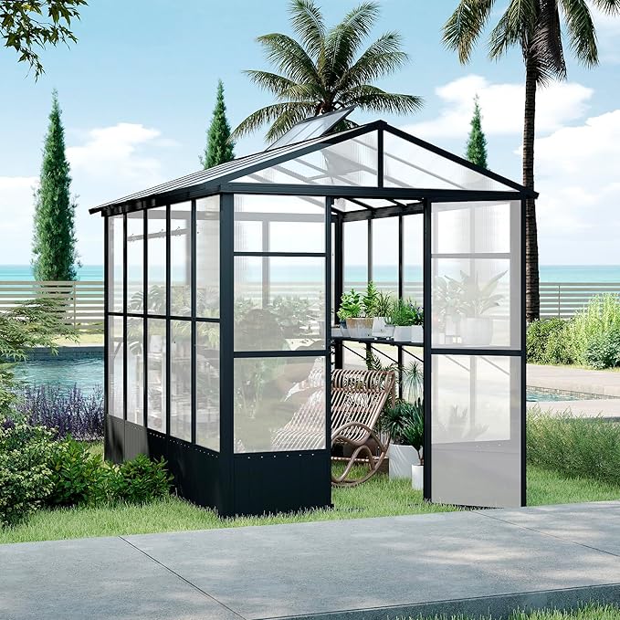 Domi 8x10FT Polycarbonate Greenhouse with Automatic Vent, Extra Tall 8FT Walk-in Aluminum Frame, Weather-Resistant Green House with Shelves & Hooks for Outdoor Garden, Backyard, Dark Grey