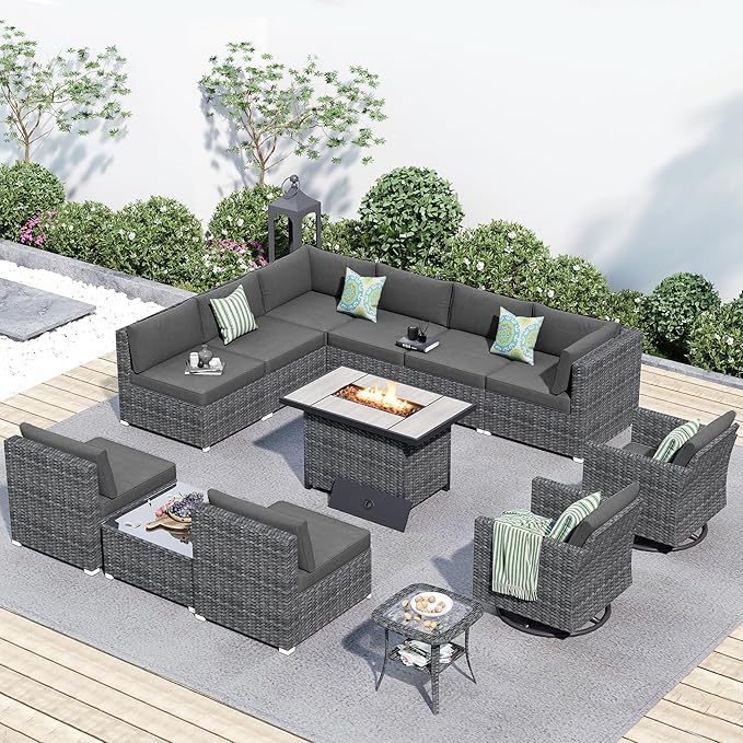 HOOOWOOO 13 Piece Patio Sectional Furniture Set with Fire Pit Table,Modern Wicker Outdoor Conversation Sofa Sets,All Weather Modular L Shaped Outside Couch Swivel Chair Set(Charcoal Grey)
