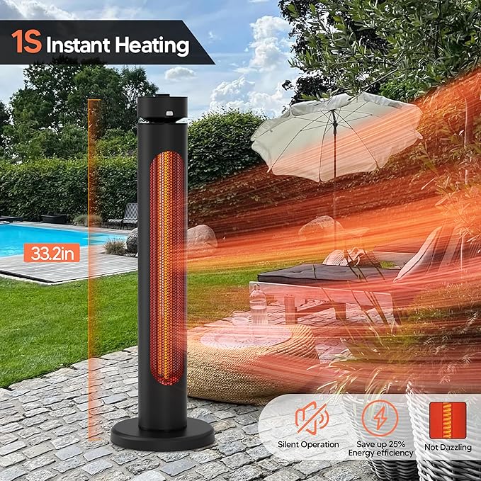 Portable Heater Outdoor Infrared 1500W 8 Heat Levels 8H Timers Carbon Fiber Tube Tip-Over&Overheat Protection IP65 Waterproof Electric Garden Heater, Deep Black