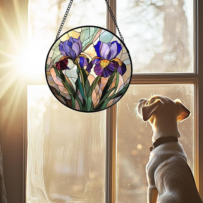 Stained Glass Window Hanging, Purple Blue Iris Birth Flower Suncatcher for Doors Garden Yard Sun Catchers Decor Christmas Mother's Day Birthday Gifts for Teacher Women Mom Nana Wife 6.3 in