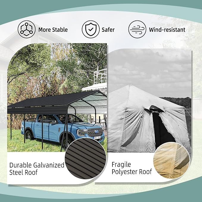 KEIKI 12x20 FT Heavy-Duty Metal Carport - Galvanized Steel Car Cover with Roof & Frame Kit, Outdoor Garage Shelter for Cars, Trucks, Boats, RV & Vehicle Protection