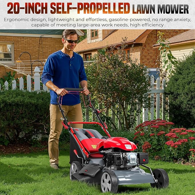 Self Propelled Gas Lawn Mower 20-Inch with 60L Grass Bag - 173cc Gas Powered Engine for Hills & Thick Grass 3-in-1 Mulch/Bag/Side-Discharge, Rear Wheel Drive for Uneven Yards