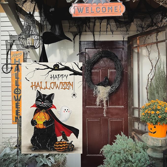 Louise Maelys Halloween Black Cat Garden Flag 12x18 Double Sided, Burlap Small Welcome Halloween Spooky Pumpkin Yard House Flags Seasonal Holiday Outdoor Outside Decor (ONLY FLAG)