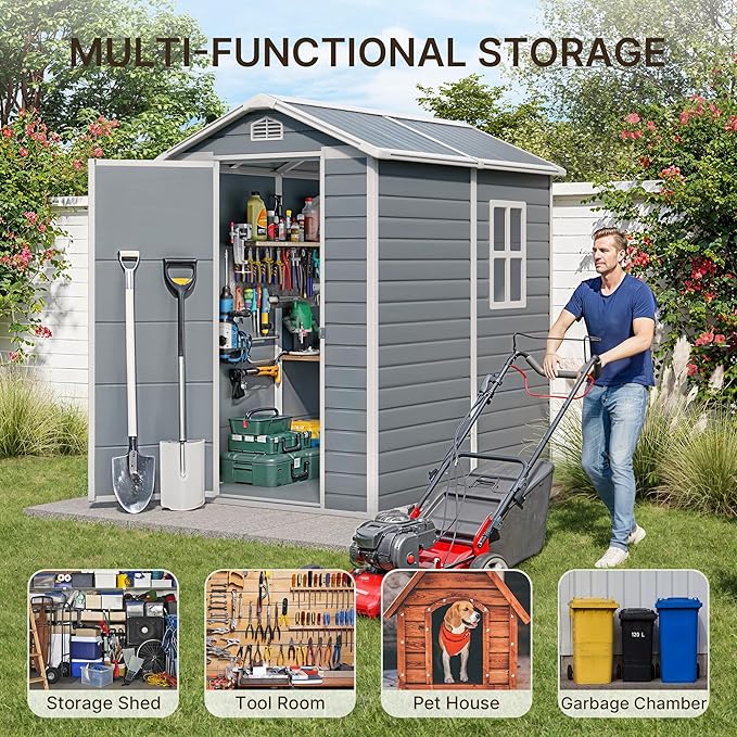 Gizoon 6x4 FT Outdoor Storage Shed with Floor, Resin Garden Tool Shed with Lockable Doors, Window, Vents, Reinforced Steel Frame, Waterproof Plastic Storage Sheds for Backyard, Patio, Lawn