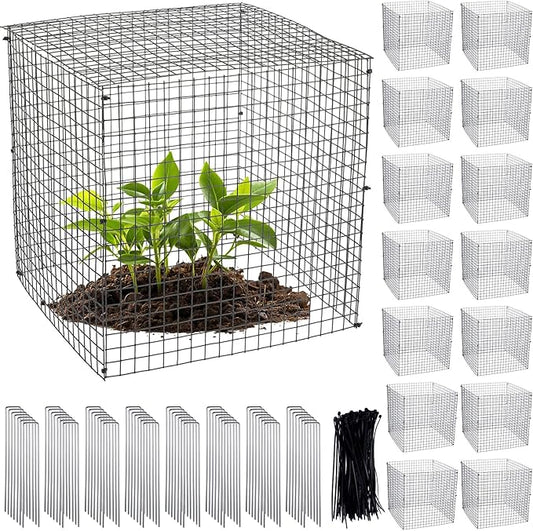 Zubebe 14 Pack Small Wire Plant Protectors Square Plant Protectors from Animals Mesh Cage Chicken Wire Cloche for Shrubs and Vegetables with Ground Stakes and Nylon Ties (12 x 12 Inch)
