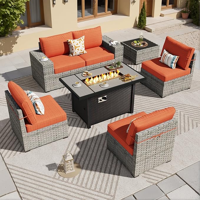 ovios 7 Pieces Patio Furniture Set, Outdoor Wicker Sectional Sofa with 42 Inch Fire Pit Table Comfy Cushions, Modern Modular Deep Seat Rattan Couch Conversation Set, Orange Red