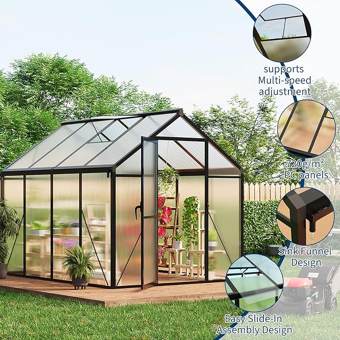 6x8 FT Greenhouse for Outdoors, Polycarbonate Greenhouse with Roof Vent, Ground Nails, Lockable Push Door, Aluminum Large Walk-in Green House for Outside Garden Backyard, Patio, Lawn, Black