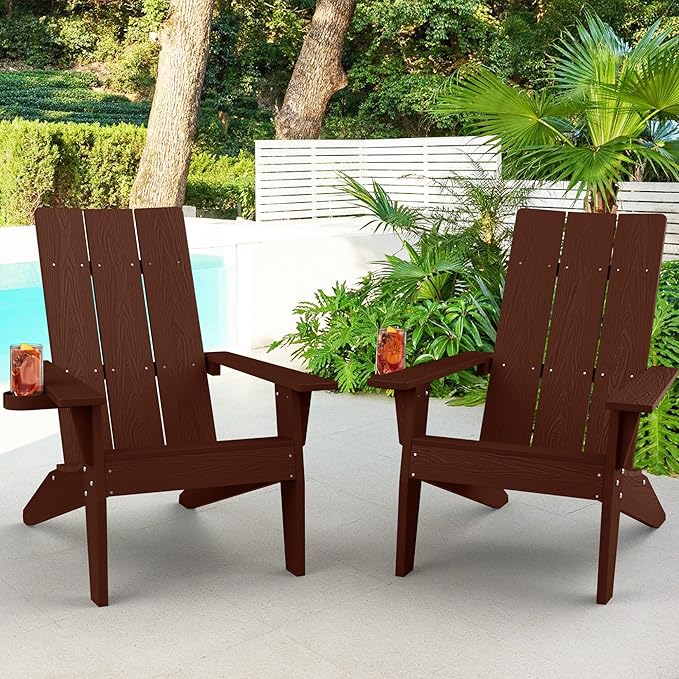 MXIMU Adirondack Chair Set of 2: Modern Adirondack Chairs Fire Pit Chairs Plastic Outdoor Chairs for Lawn Backyard Deck Garden Camping (Coffee)